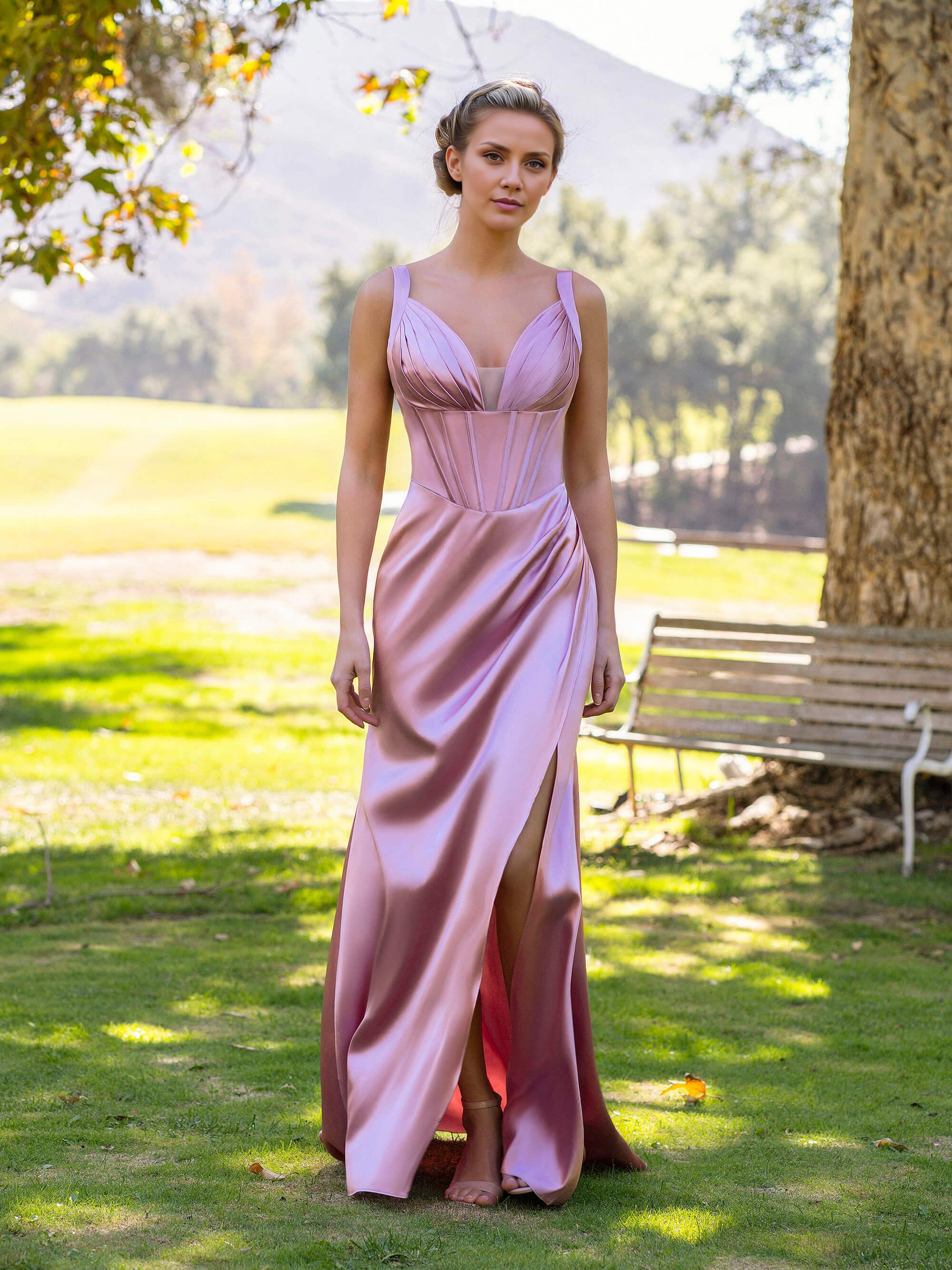 Robe fourreau Weitese rose en satin à col en V et longueur au sol